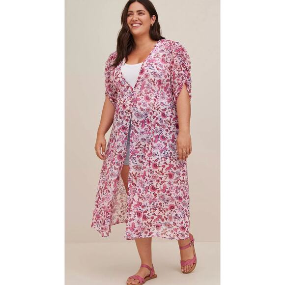 Torrid Chiffon Ruched Sleeve Kimono Sheer Floral Top Blouse Plus Size 2X Pink - Picture 2 of 10